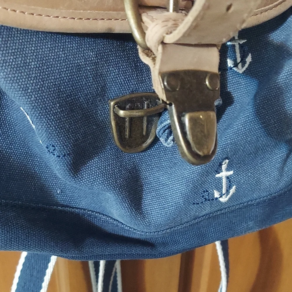 L.L. Bean Vintage Canvas & Leather Backpack Small Anchor Pattern Nautical Boho - Picture 4 of 13
